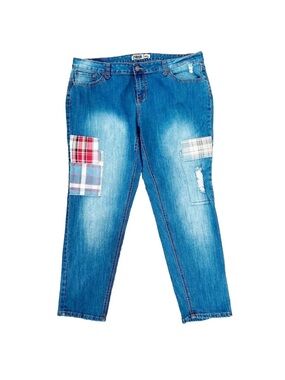 Zanadi Blue Distressed Boyfriend Jeans with Plaid Patches Sz.20W